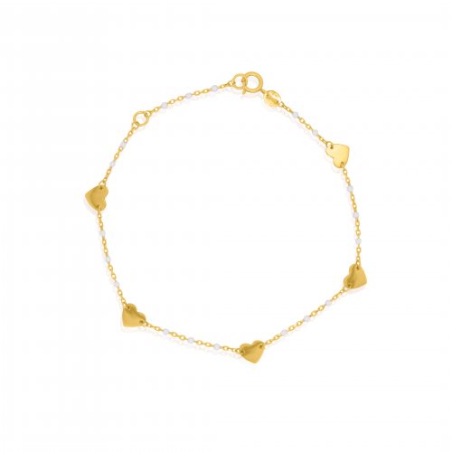 10 Karat Yellow Gold White Beaded Heart Bracelet