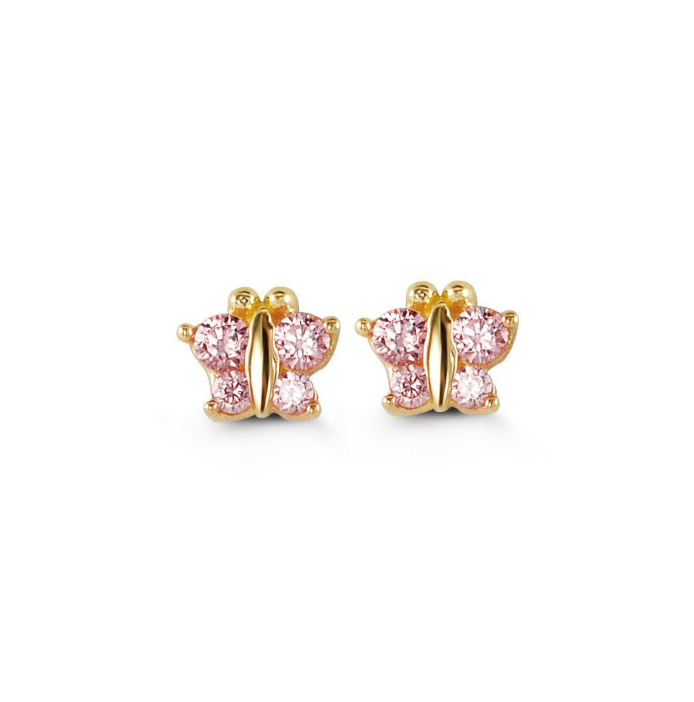 14 Karat Yellow Gold Cubic Zirconia Pink Butterfly Baby Studs