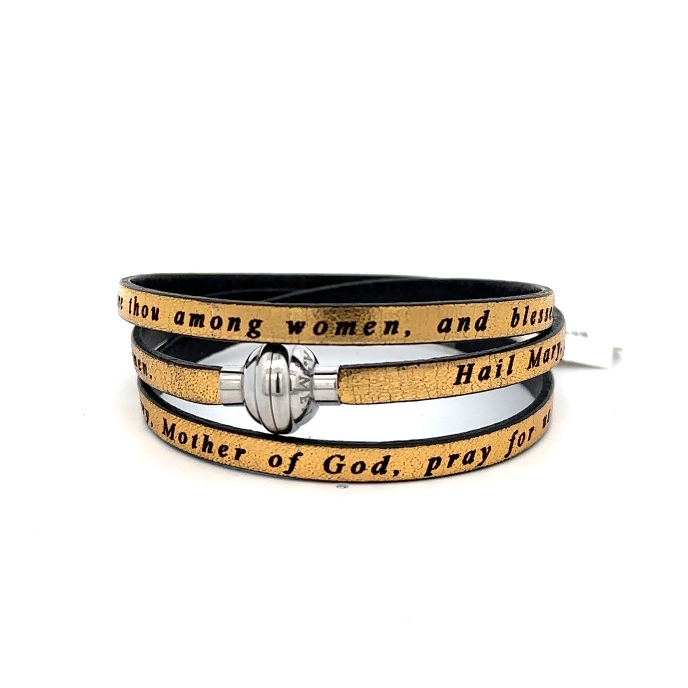 Amen Collection Hail Mary Gold Leather Bracelet English-Size Small FINAL SALE