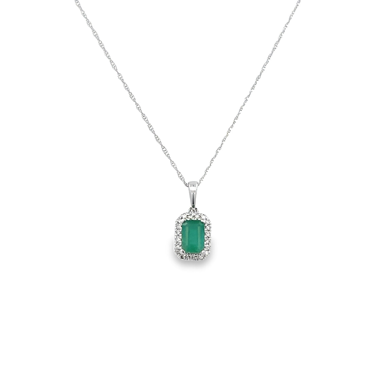 10 Karat White Gold Emerald and Diamond Necklace