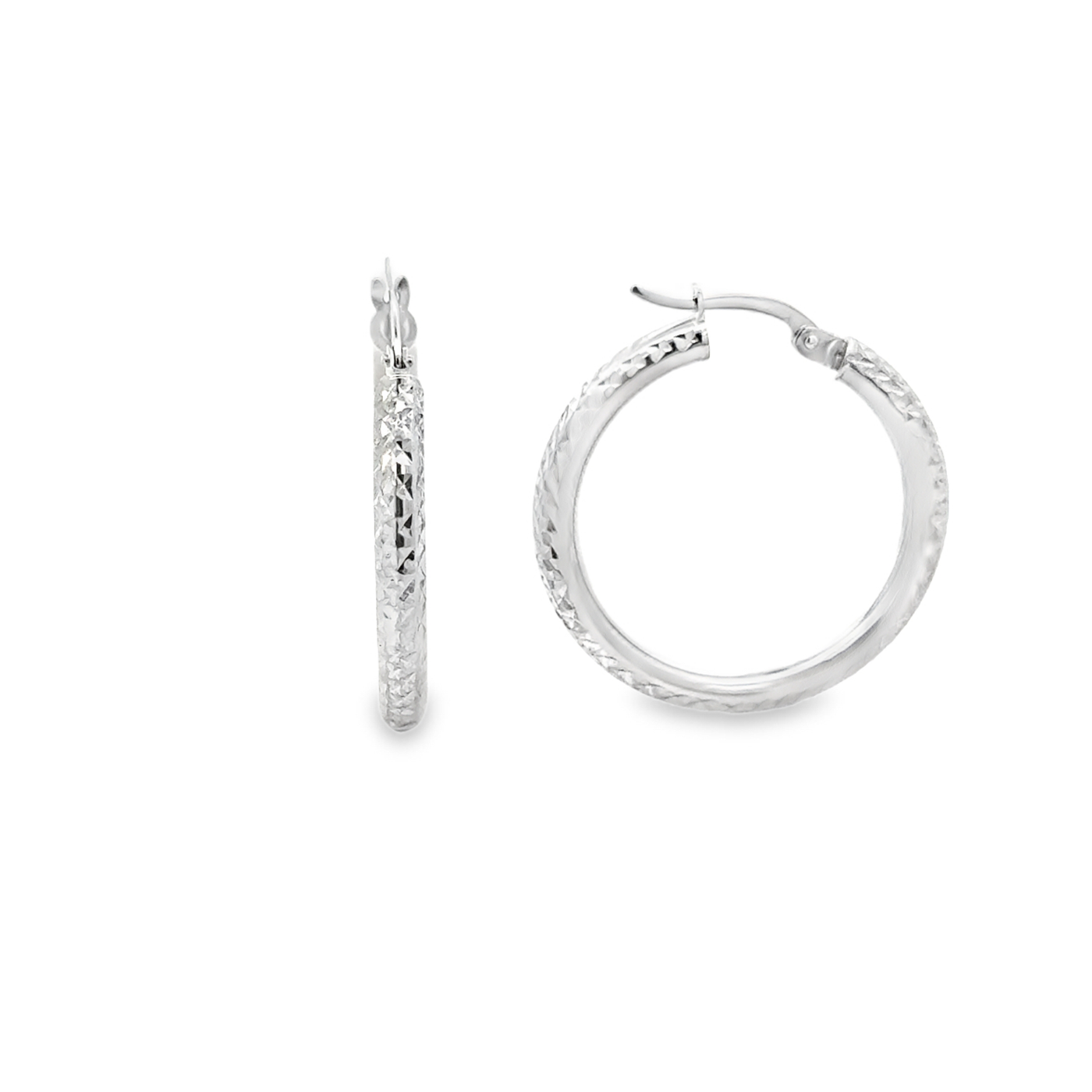 10 Karat White Gold Diamond Cut Hoop Earrings