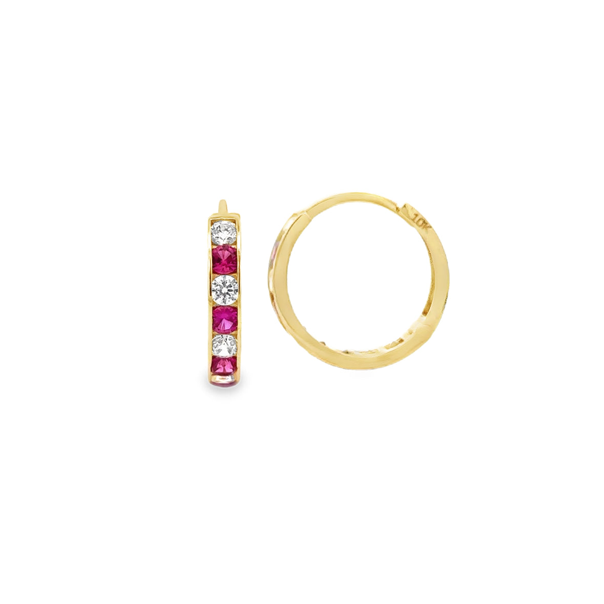 10 Karat Yellow Gold Red Cubic Hoop Earrings