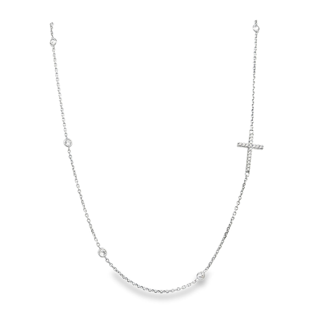 18 Karat White Gold Side Cross Necklace with Cubic Zirconia