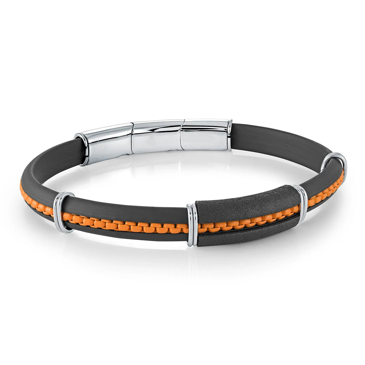 Stainless Steel Orange Black Rubber Clasp Bracelet 8MM - SBR27