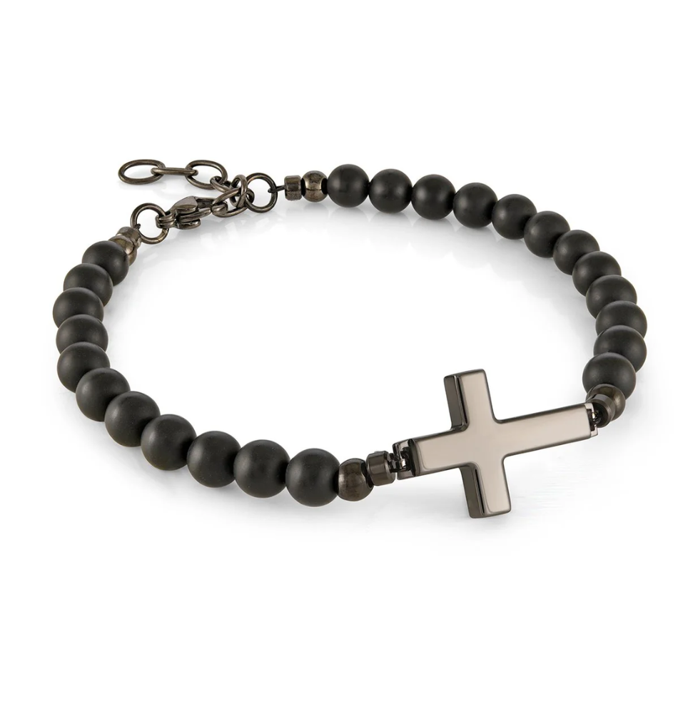 Beaded Onyx Cross Bracelet 4MM - BB-364