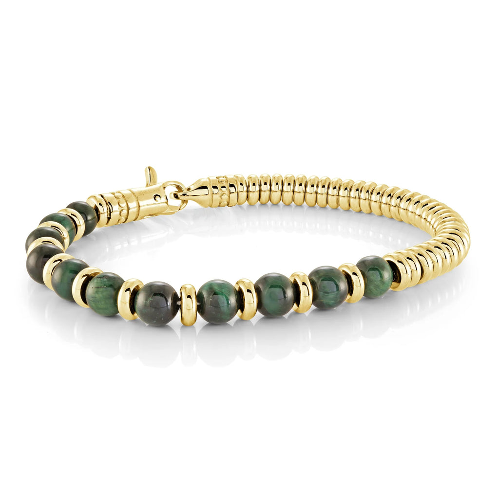 Stainless Steel Hybrid Beaded Green Tiger Eye Bracelet 6MM - BB-326-8.5