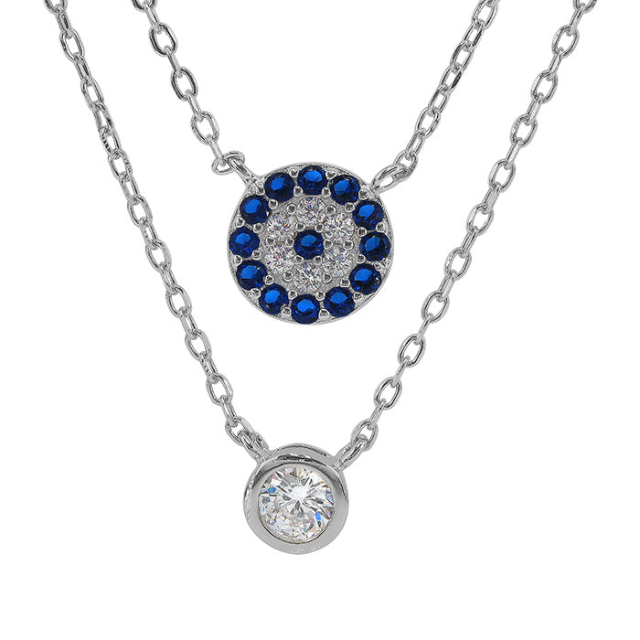 Sterling Silver Cubic Zirconia Evil Eye Layered Necklace