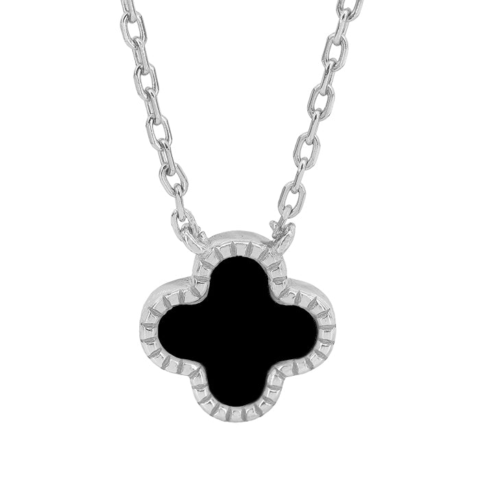 Sterling Silver Clover Black Agate Necklace