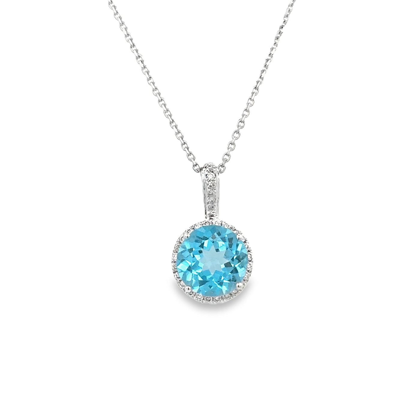 14 Karat White Gold Blue Topaz and Diamond Necklace