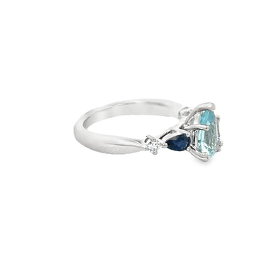 14 Karat White Gold Blue Topaz, Sapphire and Diamond Ring