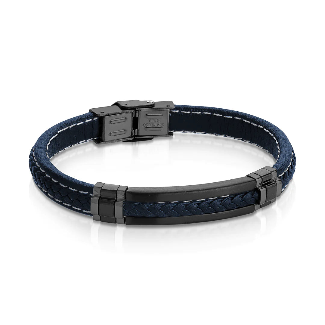 Stainless Steel Accented Leather Blue Bracelet 8MM - SLB592