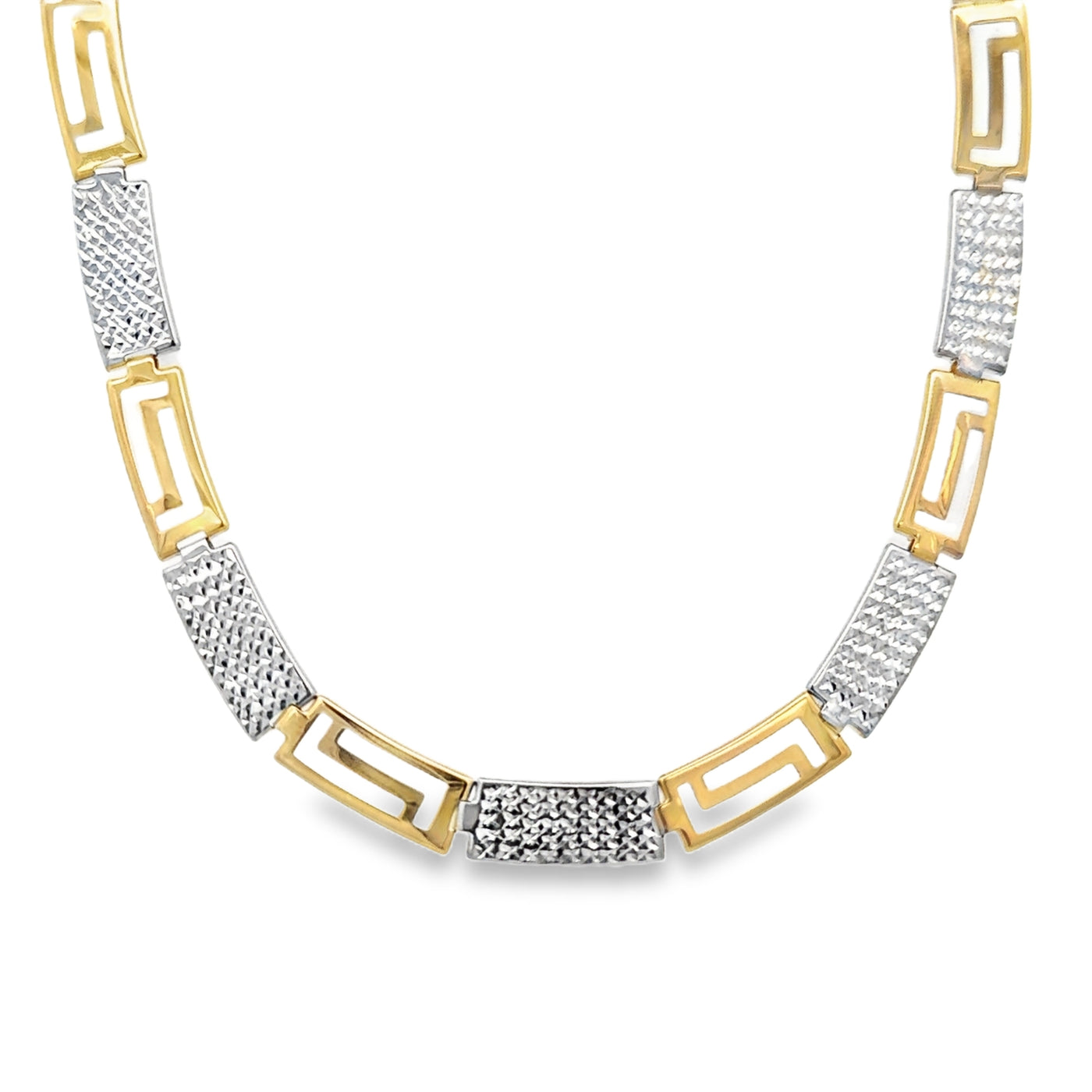 10 Karat White and Yellow Gold Greek Key Flat Necklace