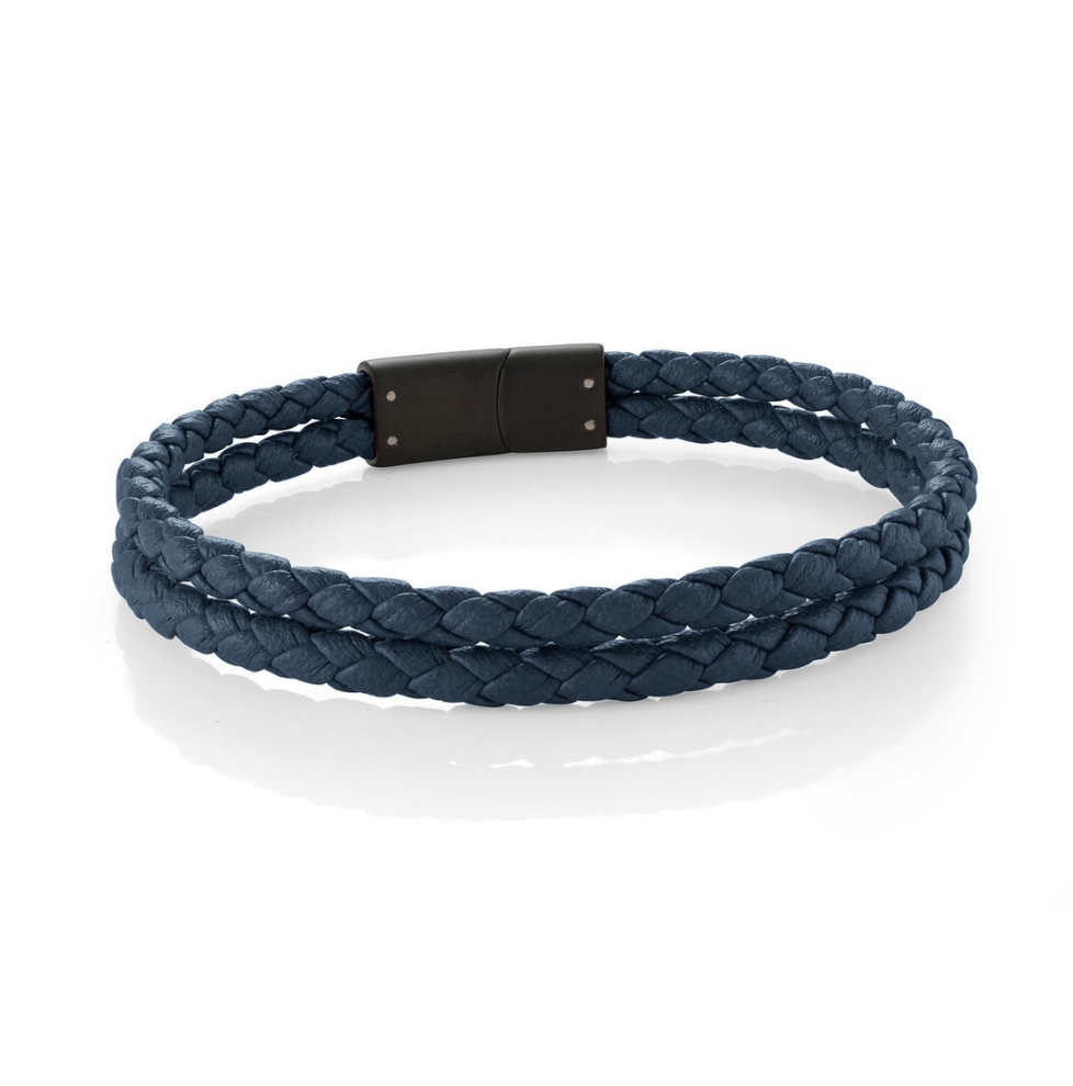 Stainless Steel Double Strap Blue Leather Bracelet - SLB579-BLUE-85