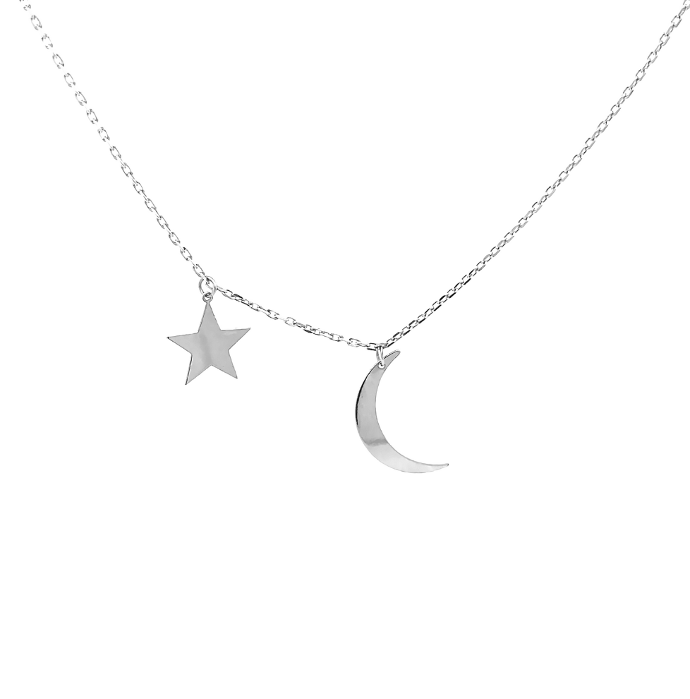 10 Karat White Gold Crescent Moon and Star Necklace