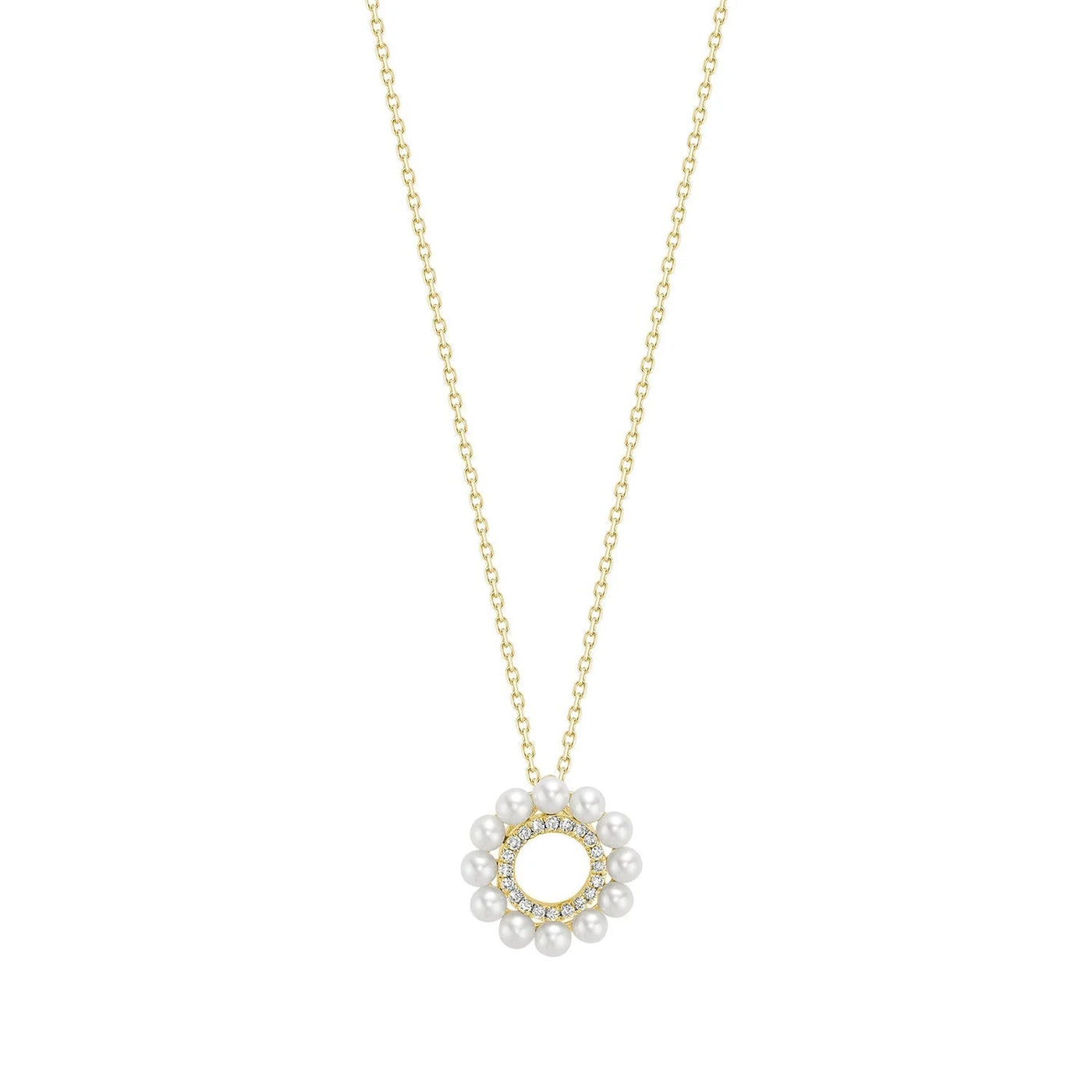 14 Karat Yellow Gold Cultured Pearl and Diamond Circle Necklace