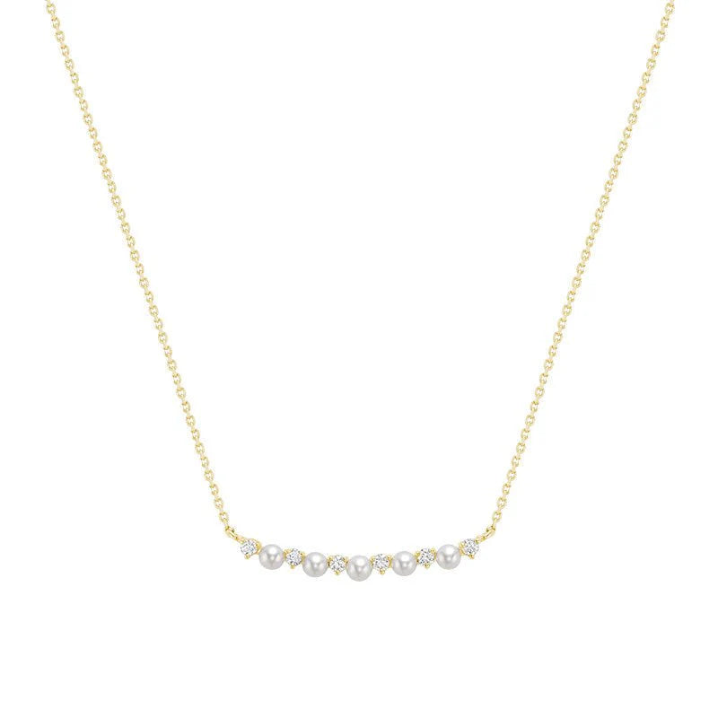 14 Karat Yellow Gold Cultured Pearl and Diamond Bar Necklace