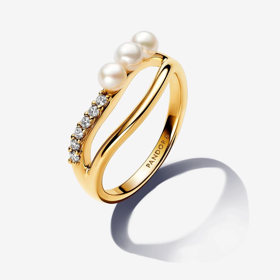 Pandora Essence Treated Freshwater Cultured Pearl & Organically Shaped Double Band Ring 163258C01