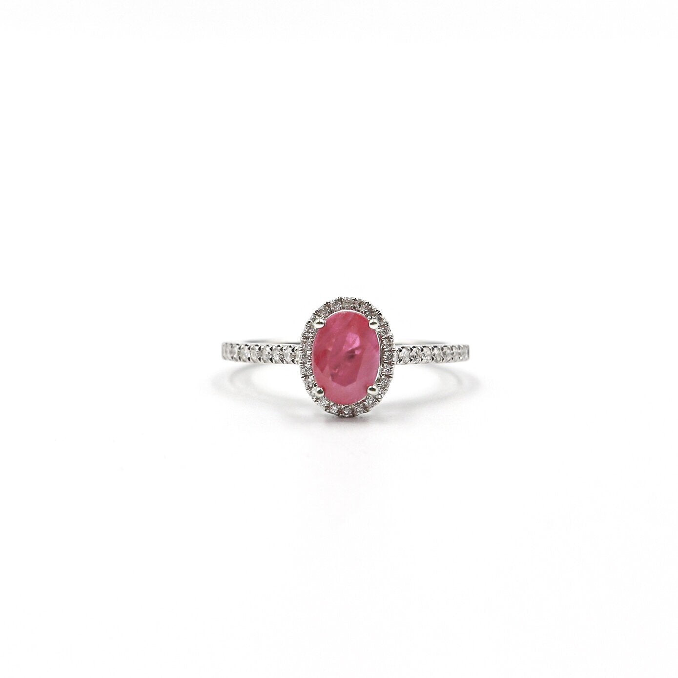 14 Karat White Gold Ruby and Diamond Oval Halo Ring