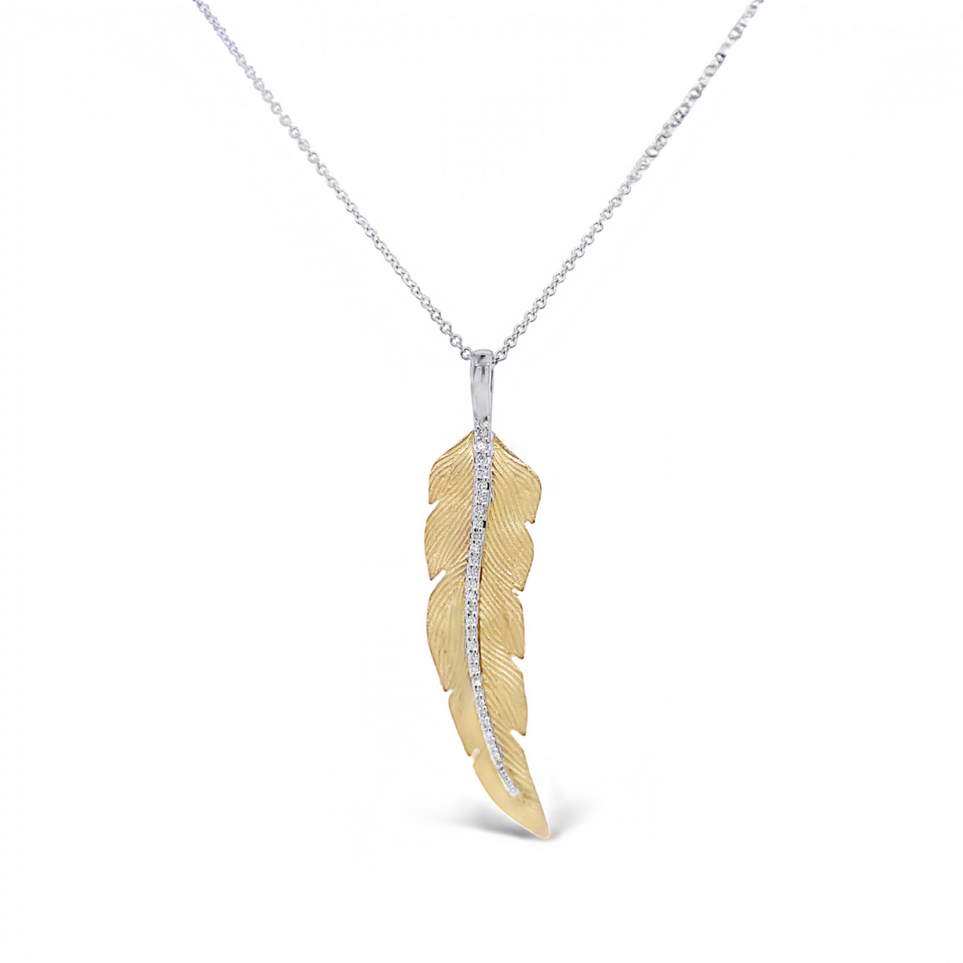 14 Karat White and Yellow Gold Diamond Feather Necklace