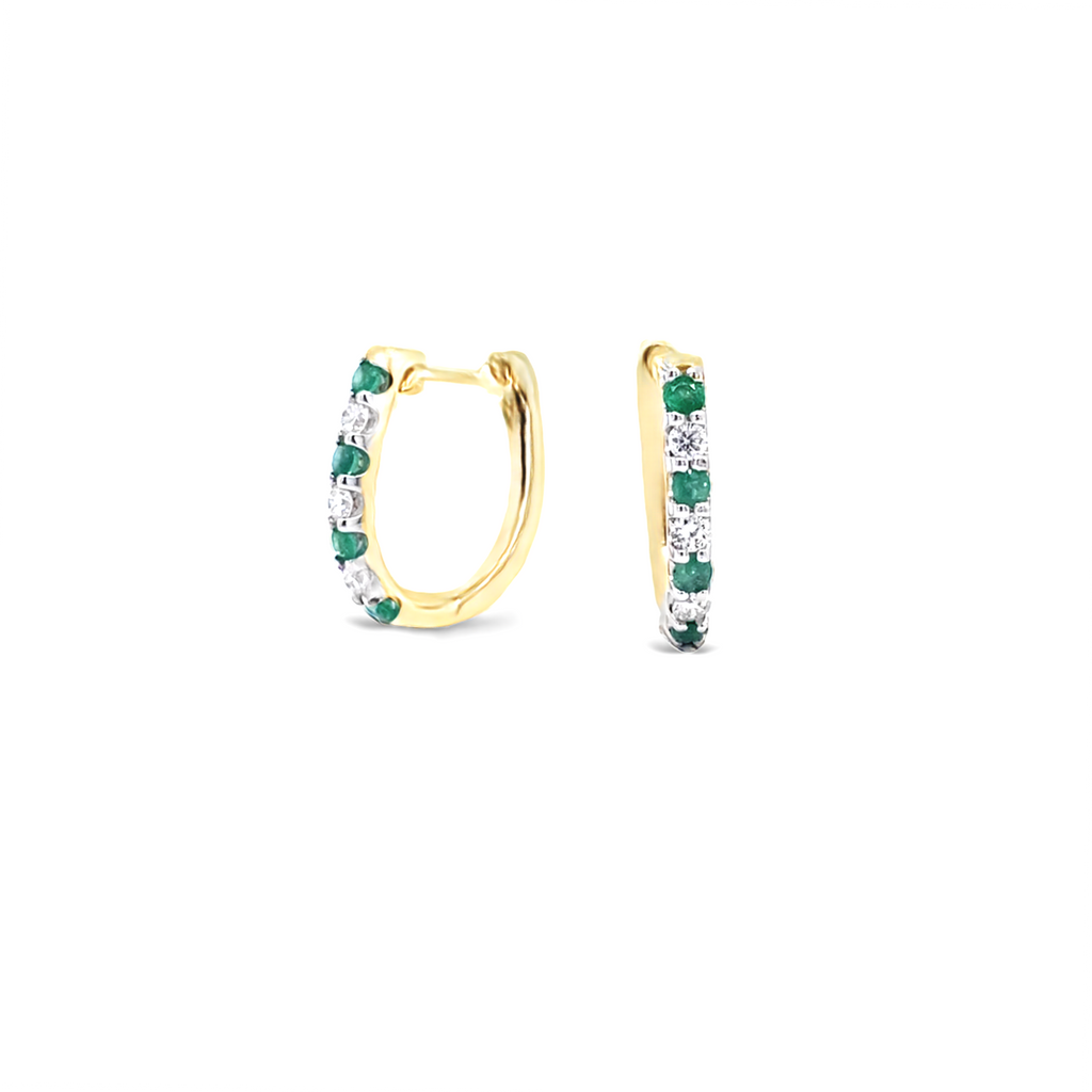 14 Karat Yellow Gold Emerald and Diamond Hoop Earrings