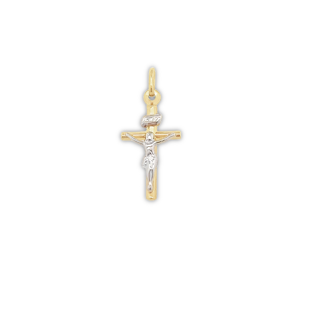 18 Karat Yellow and White Gold Small Crucifix Cross Pendant