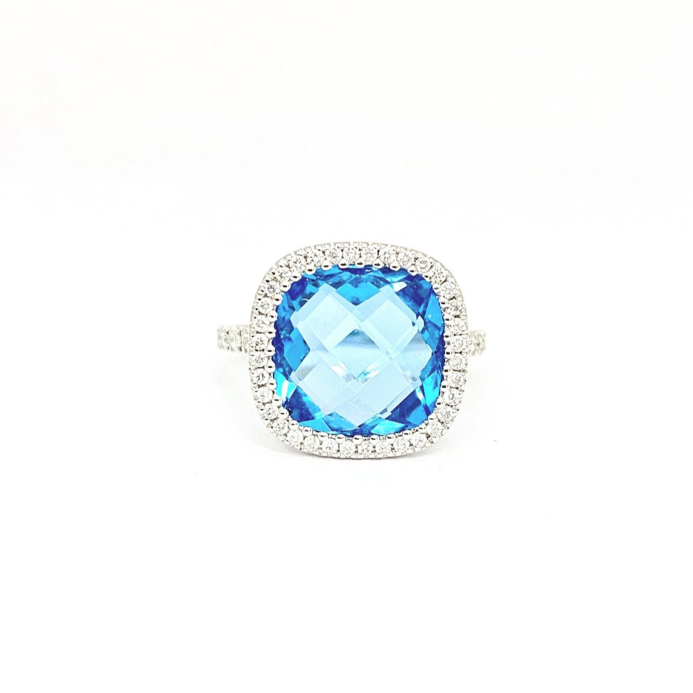 14 Karat White Gold Blue Topaz and Diamond Ring