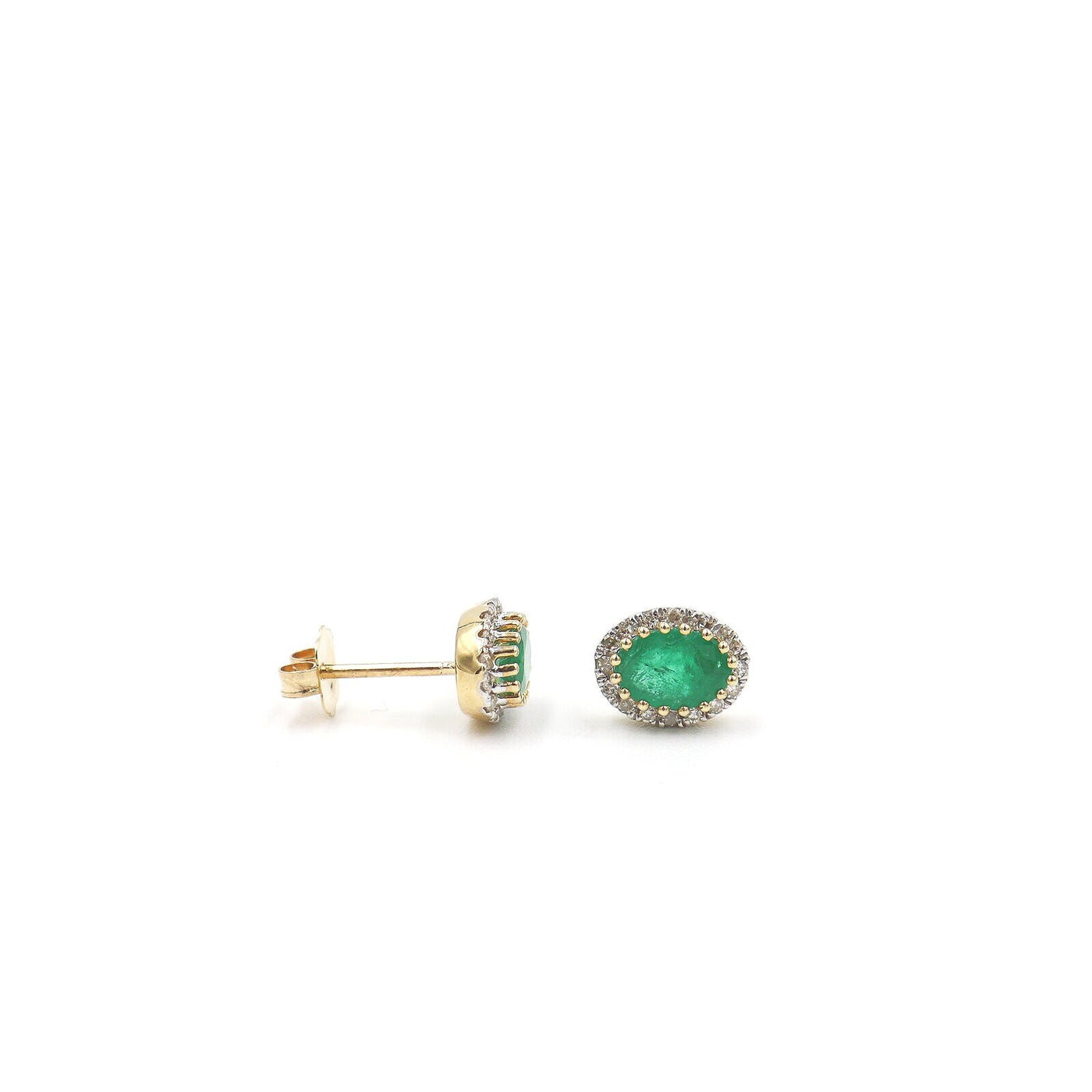 14 Karat Yellow Gold Emerald and Diamond Oval Earrings