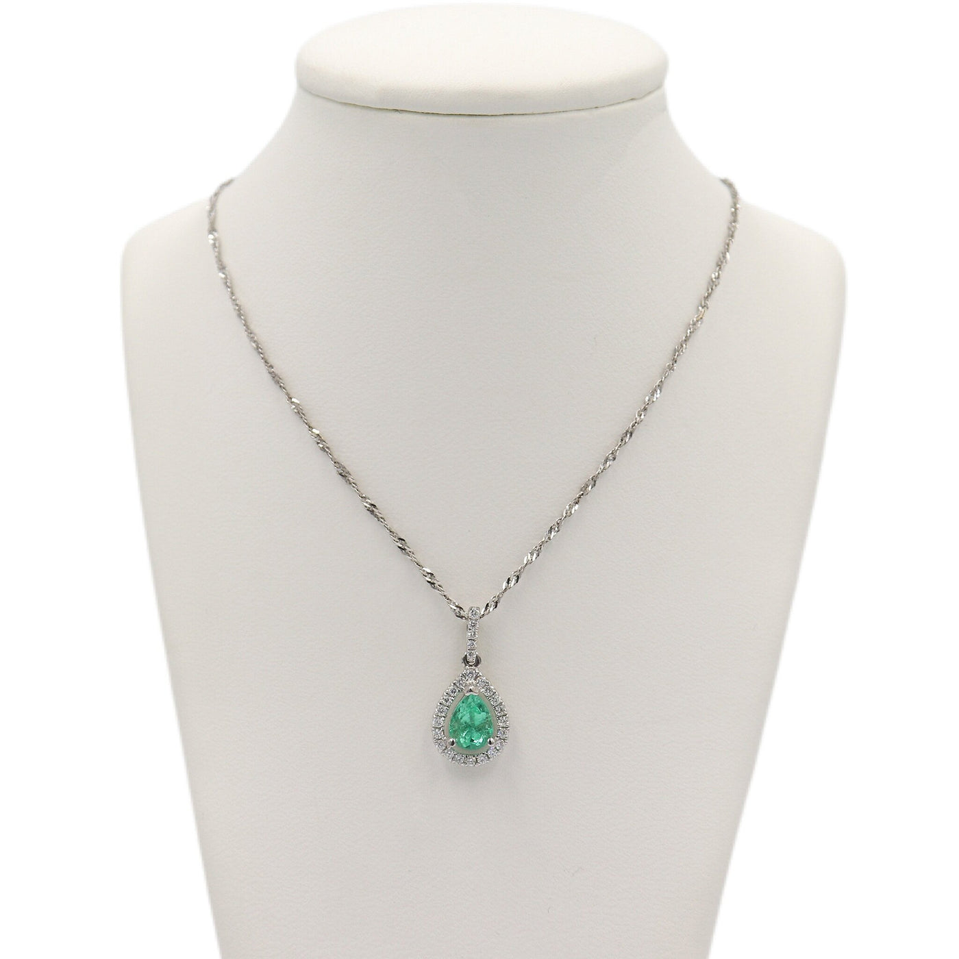 14 Karat White Gold Emerald and Diamond Teardrop Halo Necklace