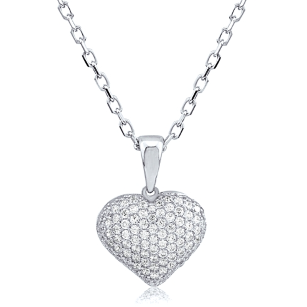 Sterling Silver and Cubic Zirconia Puffed Heart Necklace