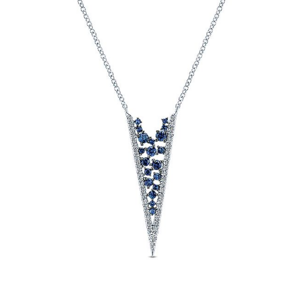 14 Karat White Gold Sapphire and Diamond Cluster V Necklace