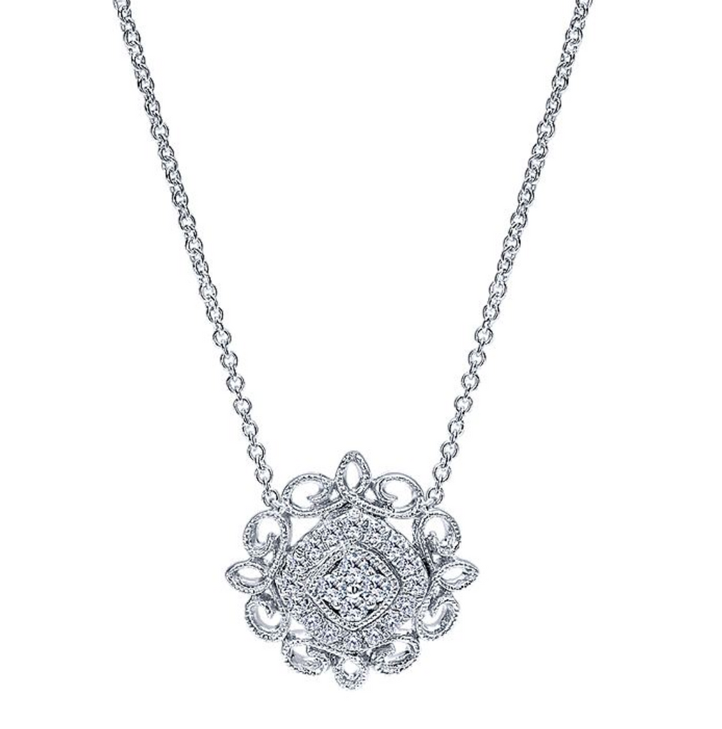 14K White Gold Diamond Filigree Pendant