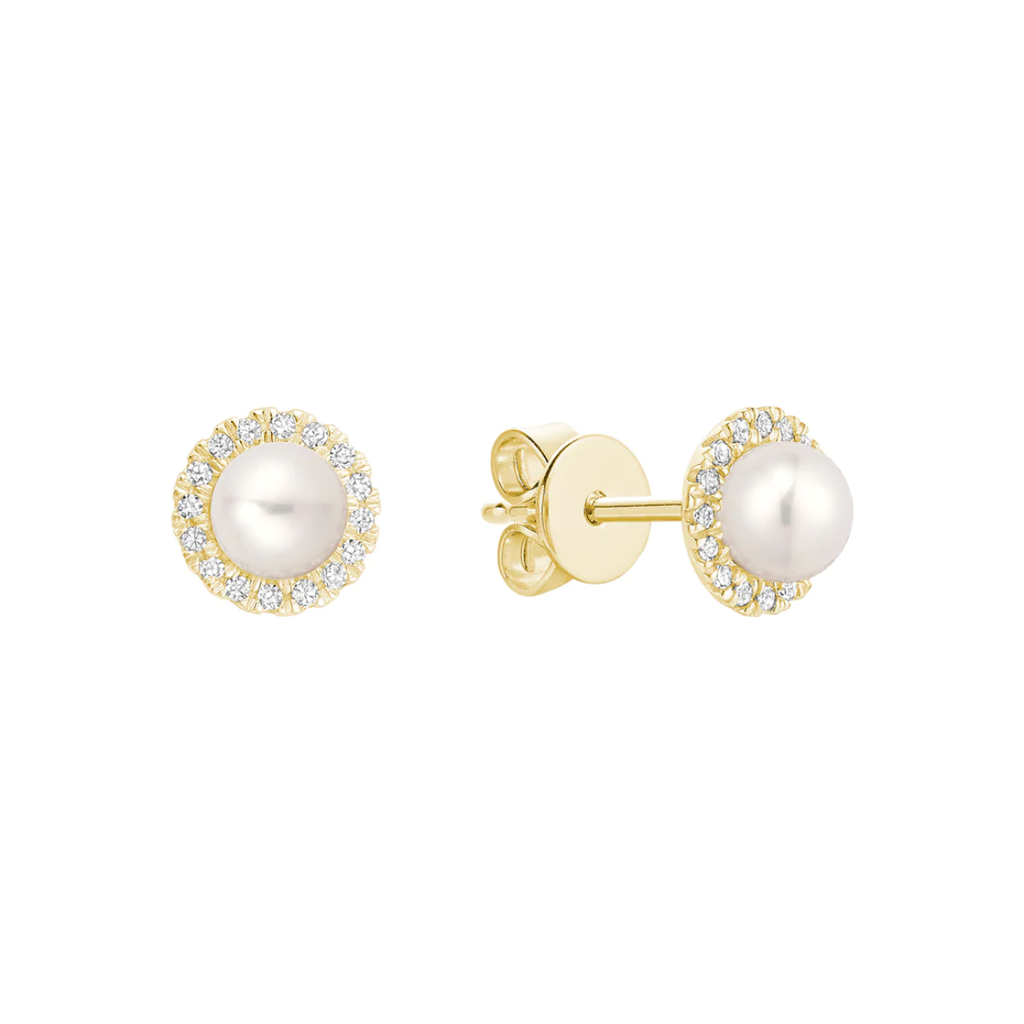 10 Karat Gold 4.5mm Freshwater Pearl and Diamond Stud Earrings