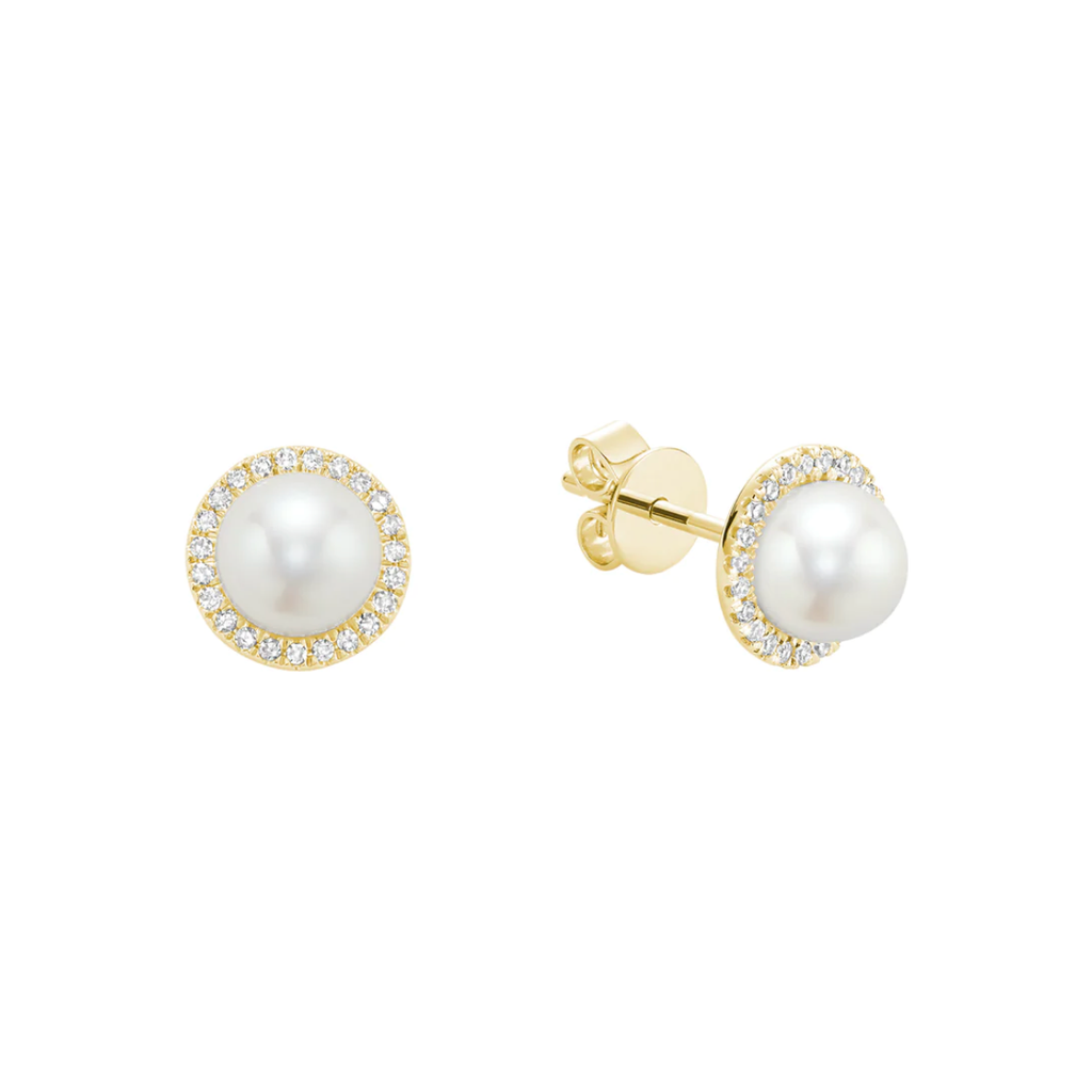 10 Karat Gold 6.5mm Freshwater Pearl and Diamond Stud Earrings