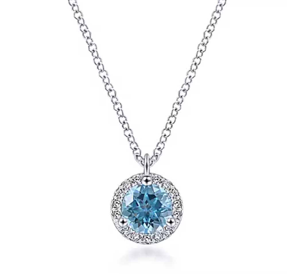 Gabriel & Co. 14 Karat White Gold Diamond and Blue Topaz Necklace