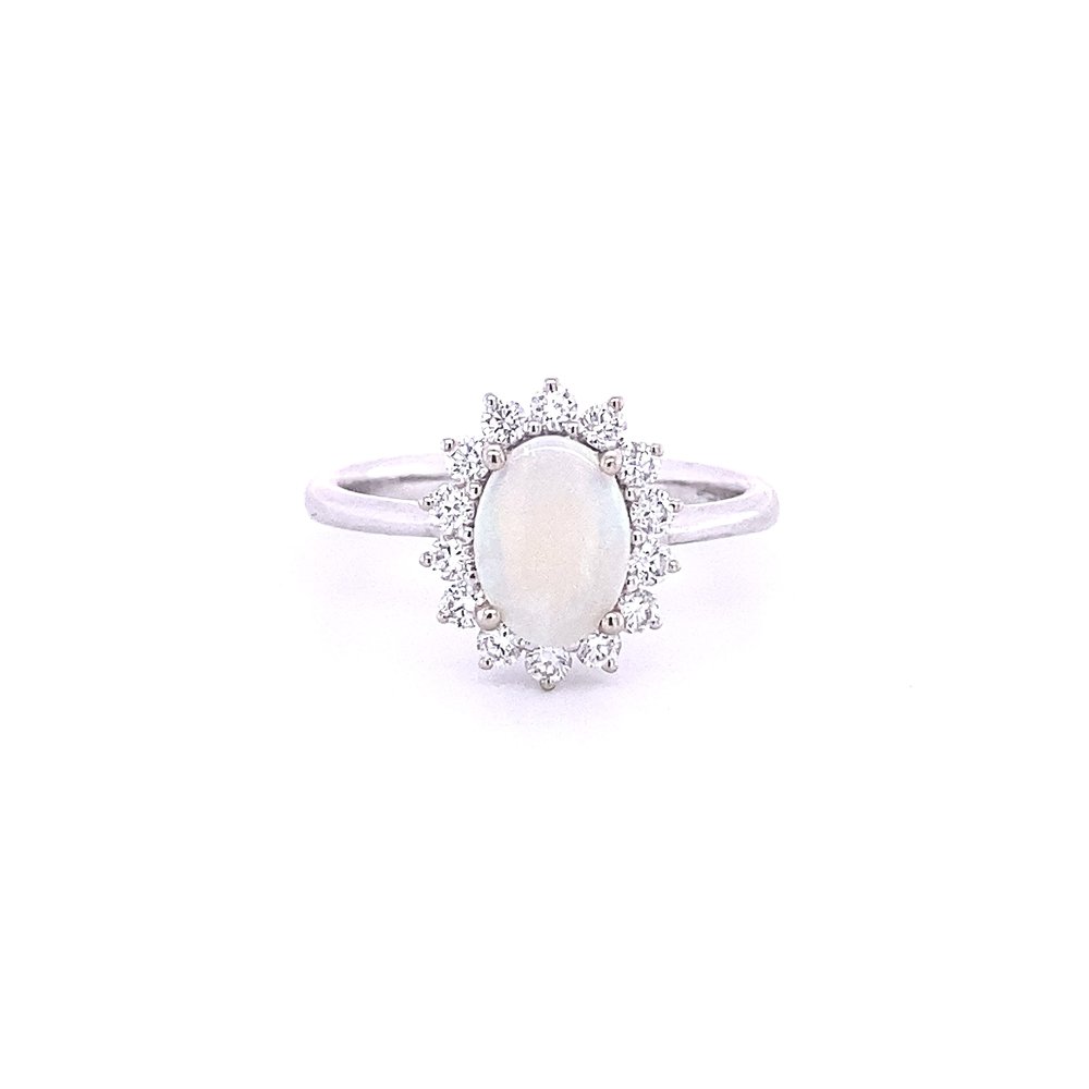 14 Karat White Gold Opal and Diamond Ring